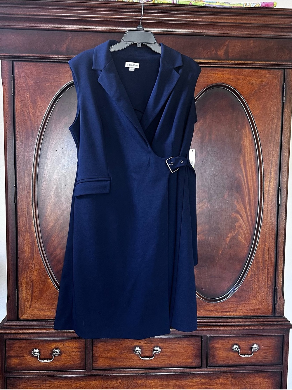 Calvin Klein Indigo/Navy Collared, Sleeveless, Pleated Wrap Aline Dress -14